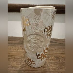 Starbucks holiday gold pine cone Ceramic Tumbler Mug With Lid 12 oz